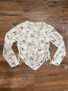 Girls Cream Floral Long-Sleeve Side-Tie Top NWT